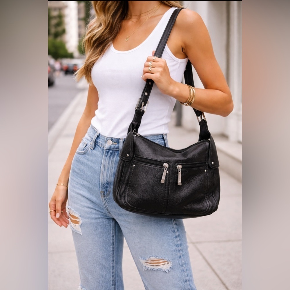 Stone & Co. Black Leather Shoulder Bag with Signature Design - Picture 1 of 13